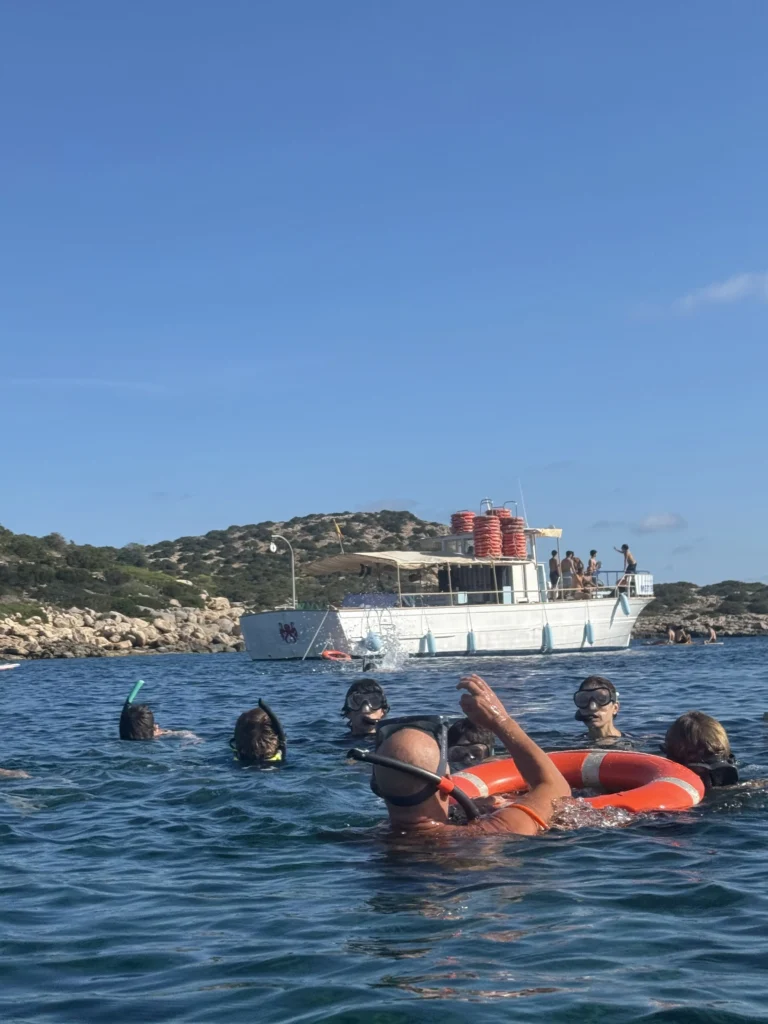Students snorkelling near BRISA III during a marine education excursion to Sa Conillera, Ibiza.